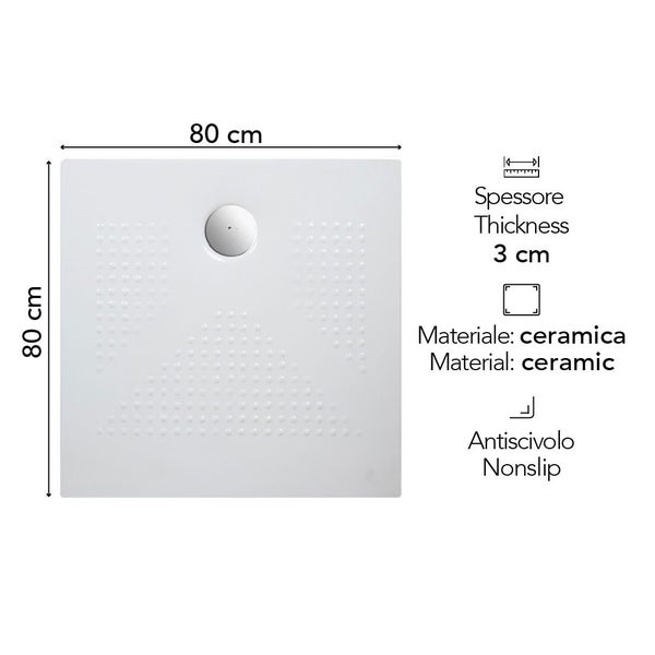 Quadratische Duschwanne aus Keramik mit rutschhemmender Oberfläche, Maße 80 mal 80 Zentimeter, Höhe 3 Zentimeter.