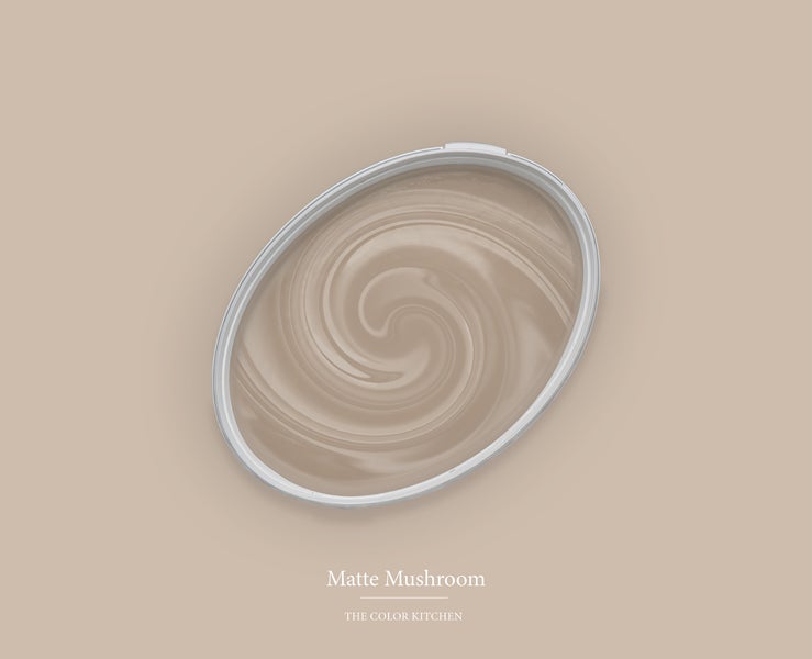 Draufsicht auf einen geöffneten ovalen Eimer mit Wandfarbe Matte Mushroom von The Color Kitchen.