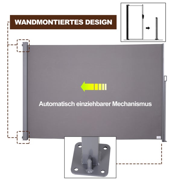 Outsunny Seitenmarkise, Sicht- und Sonnenschutz, Seitenrollo, 3 x 2m, Polyester, Grau