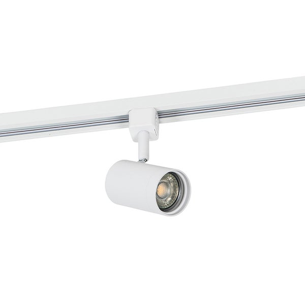 Weißer zylindrischer Schienenstrahler für ein Schienensystem.