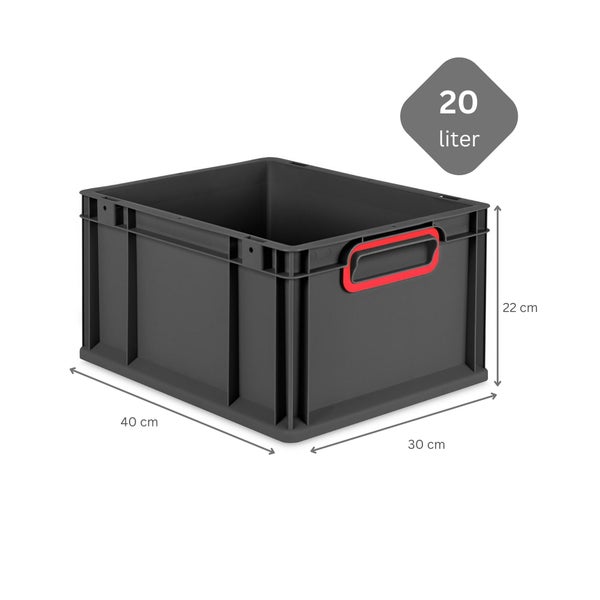 Eurobox NextGen Color, HxBxT 22x30x40cm, 20 Liter, Griffe rot geschlossen, Schwarz, Eurobehälter, Transportbox, Transportbehälter, Stapelbehälter
