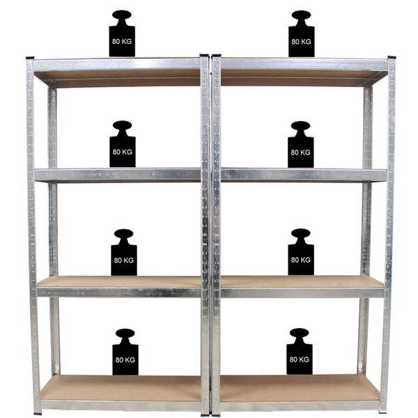 Zwei zusammengestellte Steckregale aus Metall mit Holzböden und einer Fachlast von 80 Kilogramm pro Ebene