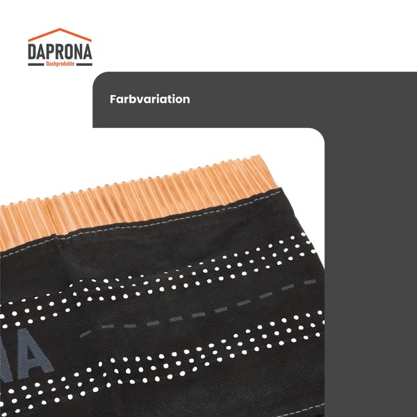 Daprona Logo, Firstband zur Dachbelüftung mit plissiertem Metall und perforiertem Vlies, Text Farbvariation.