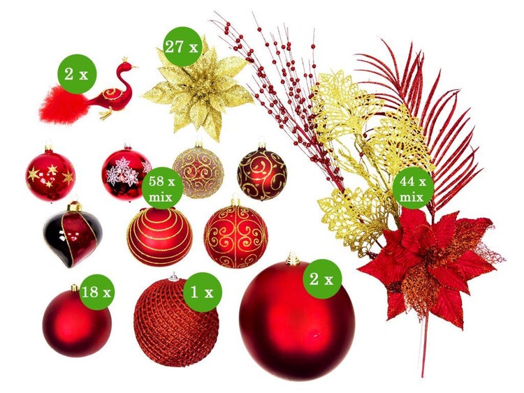Weihnachtsbaumschmuck Set in Rot und Gold bestehend aus Christbaumkugeln, Kunstblumen, Beeren und Deko Vögeln für die Weihnachtsdekoration.