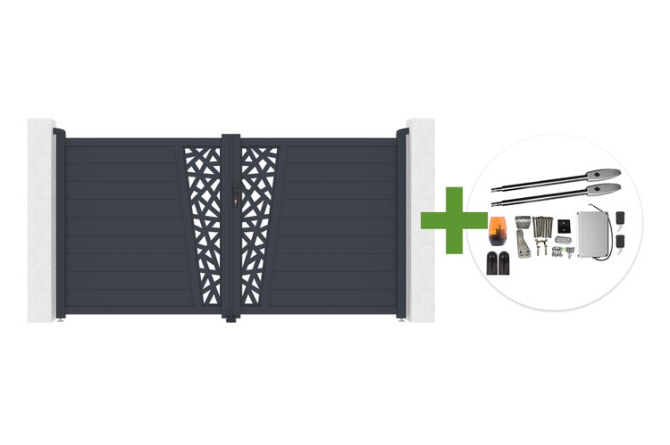 Zweiflügeliges Aluminium-Hoftor mit geometrischem Dekor inklusive elektrischem Torantrieb-Set mit Fernbedienungen und Montagematerial.