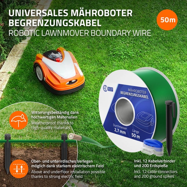 ECD Germany 50m Universal Begrenzungskabel für Mähroboter + 200 Erdnägel + 12 Kabelverbinder, Kupfer verzinnt, Begrenzungsdraht für Rasenmäher Rasenroboter, Kompatibel mit Gardena Bosch Husqvarna Worx