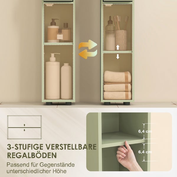 Badezimmerschrank mit dreistufig verstellbaren Regalböden für unterschiedlich hohe Badutensilien wie Flaschen und Handtücher.