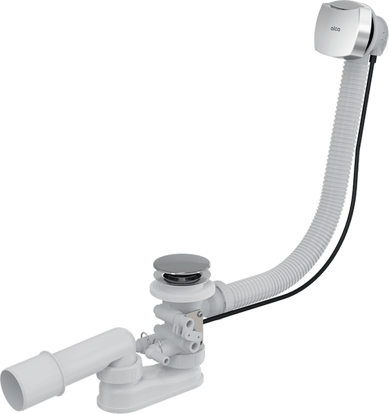 Badewannen-Ab- und Überlaufgarnitur aus weißem Kunststoff mit verchromtem Stopfen und Alca Logo.