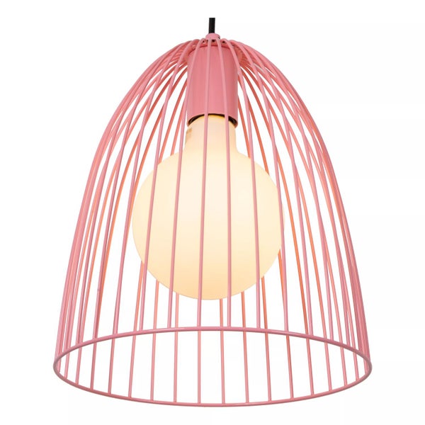 Rosa Pendelleuchte mit Metallkäfig und Glühbirne