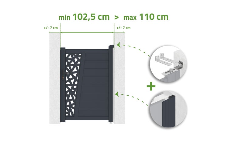 Gartentür mit verstellbarer Breite von 102,5 bis 110 Zentimeter, plus minus 7 Zentimeter verstellbar, inklusive Montagezubehör und Scharnieren.