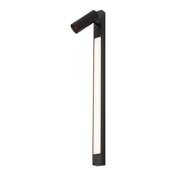Moderne Außenwandleuchte in Schwarz mit verstellbarem Spot und vertikalem LED-Lichtband.