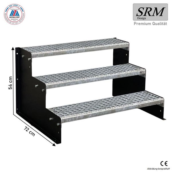 Dreistufige Metalltreppe mit Gitterroststufen, Höhe 54 Zentimeter, Tiefe 72 Zentimeter. SRM Design Logo. Zertifiziert nach EN 1090-1 und CE.