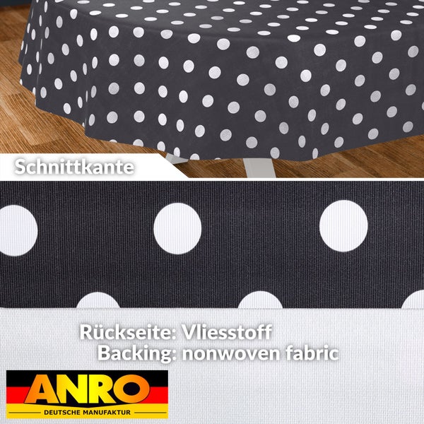 Abwaschbare Tischdecke mit Punkten, Schnittkante, Rückseite aus Vliesstoff, ANRO Deutsche Manufaktur Logo.