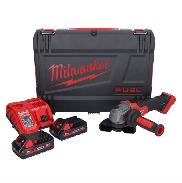 Milwaukee Akku-Winkelschleifer-Set M18 Fuel mit zwei Akkus, Ladegerät und Transportkoffer.