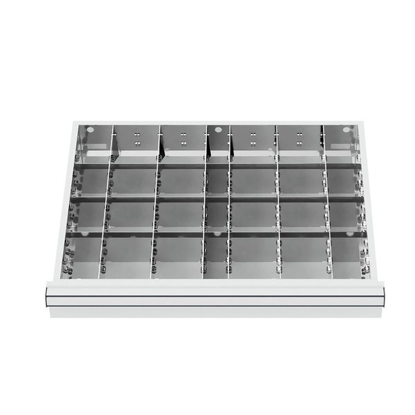 Metallischer Schubladeneinteiler mit mehreren rechteckigen Fächern und weißer Frontblende.