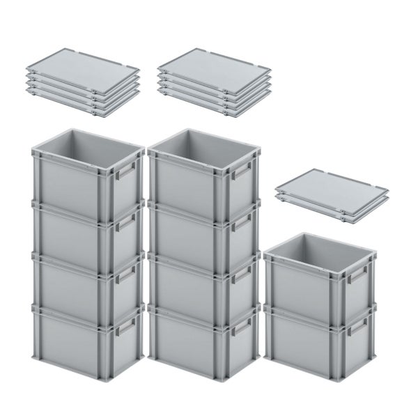 PROREGAL SuperSparSet 10 x Eurobehälter Mit Geschlossenem Griff und Scharnierdeckel HxBxT 23,5 x 30 x 40 cm 22 Liter Grau Eurobox Transportbox