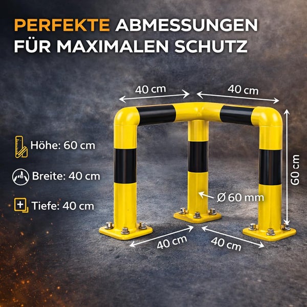 Gelb-schwarzer Eck-Rammschutzbügel aus Stahl, Höhe 60 Zentimeter, Breite 40 Zentimeter, Tiefe 40 Zentimeter, Rohrdurchmesser 60 Millimeter.