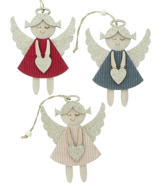 FRANK FLECHTWAREN | Hänger Engel, 6er Set, H: 10 cm, H: 13 cm, HOLZ, CORD