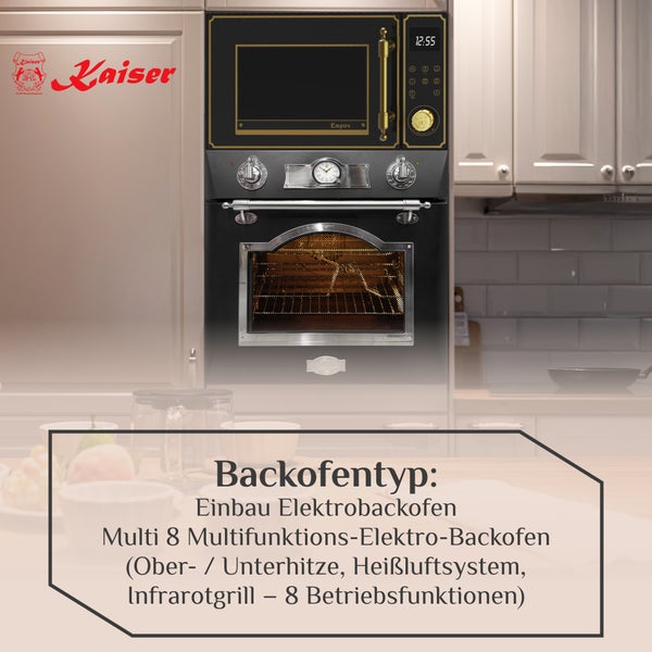 Kaiser Empire Einbau Elektrobackofen mit acht Betriebsfunktionen, integriertem Infrarotgrill und Heißluftsystem in klassischem Design.