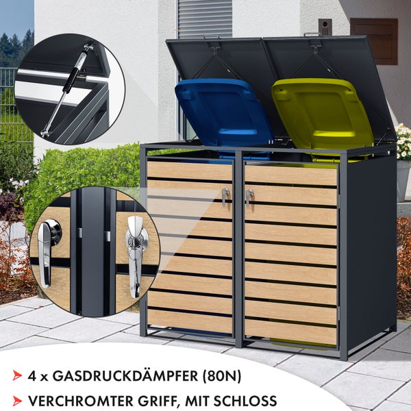 FLOORDIREKT Mülltonnenbox Johan Edelstahlrahmen und Holzdekor 132 x 80 x 116 cm - 2 Türen