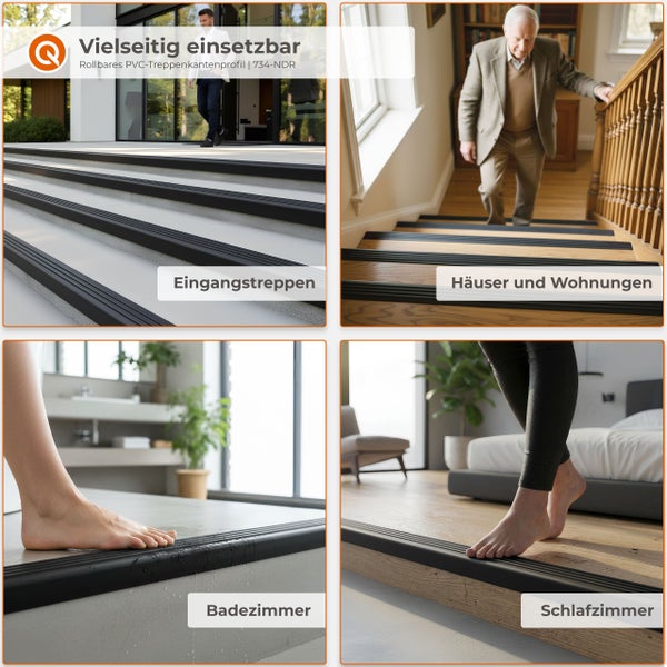 Vielseitiges rollbares PVC Treppenkantenprofil für Innen und Außenbereiche wie Eingangstreppen, Wohnräume, Badezimmer und Schlafzimmer.