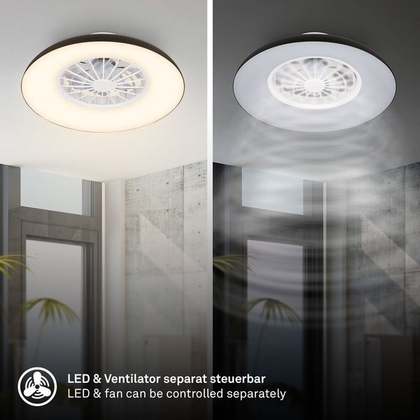 Deckenleuchte mit LED und Ventilator im Betrieb.
