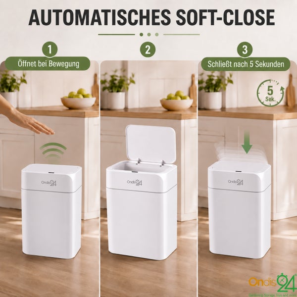 Infografik zur Funktionsweise eines automatischen Abfalleimers mit Bewegungssensor und Softclose Mechanismus von Ondis24.