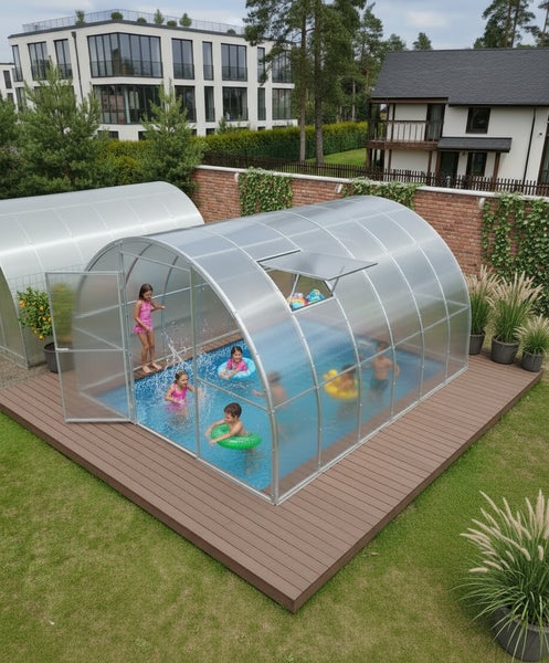 Szene mit Schwimmbadüberdachung, in der Kinder schwimmen.