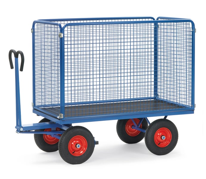 Fetra Handpritschenwagen mit Zugöse an der Deichsel, Drahtgitterwänden 1000 mm hoch Luft-Bereifung 2000x1000 mm