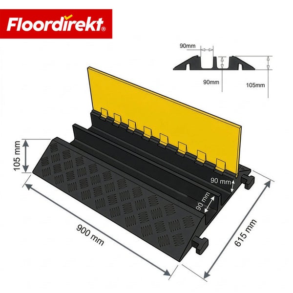 Floordirekt Logo, schwarz-gelbe Kabelbrücke mit offenem Deckel und zwei 90 Millimeter breiten Kanälen, Maße 900 mal 615 mal 105 Millimeter.