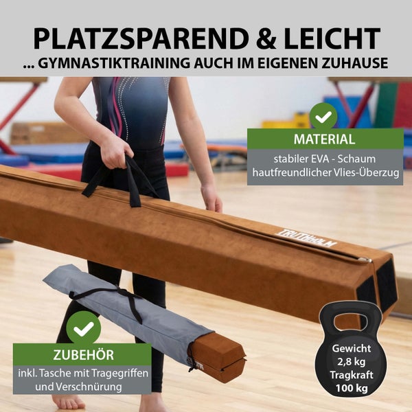 Zusammensetzbarer Schwebebalken aus Schaumstoff in einer Turnhalle mit Detailansichten der Klettverschlüsse zur Verbindung mehrerer Elemente.