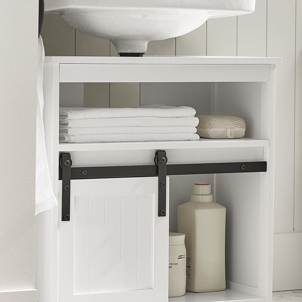 Waschtischunterschrank mit Handtüchern, Badeschwamm und Pflegeprodukten