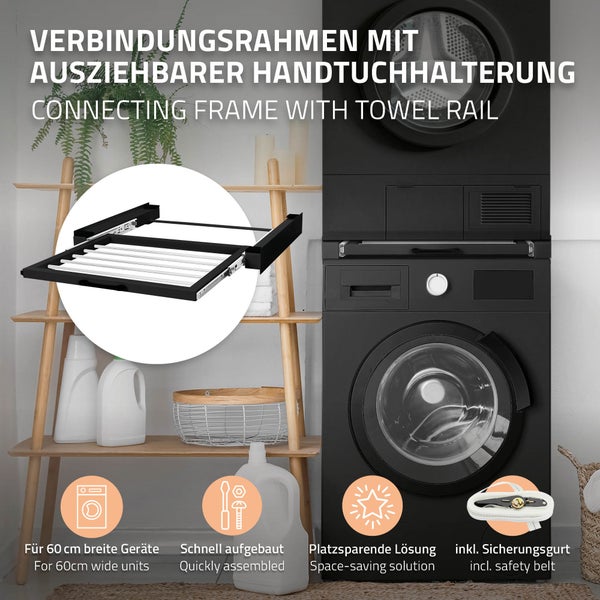 ML-Design Zwischenbaurahmen mit Wäscheleine Stahl 60,5x54,5cm Schwarz, Waschmaschine/Trockner Verbindungsrahmen Zwischenbausatz mit ausziehbarer Handtuchhalter Trocknersäule Zwischenrahmen Universal