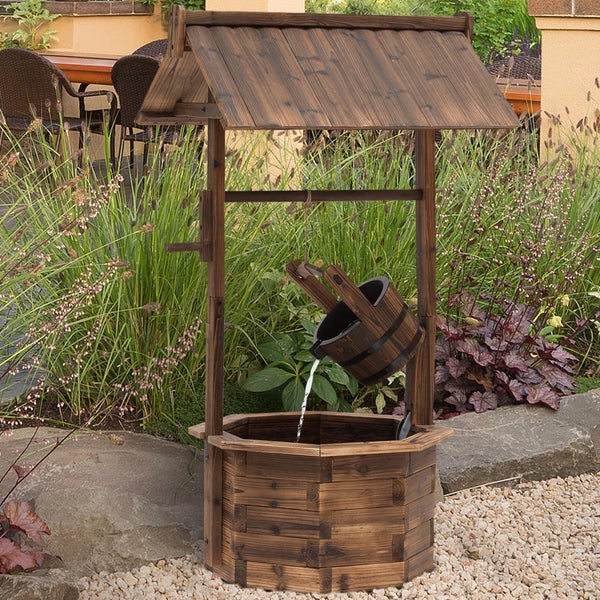 Outsunny Springbrunnen aus Holz Outdoor Gartenbrunnen mit plätscherndem Wasser Dekorationsbecken Ornamenten Pumpe Wasserspiel Terrassenbrunnen für Garten Terrasse Rasen 68 x 57 x 118 cm Braun