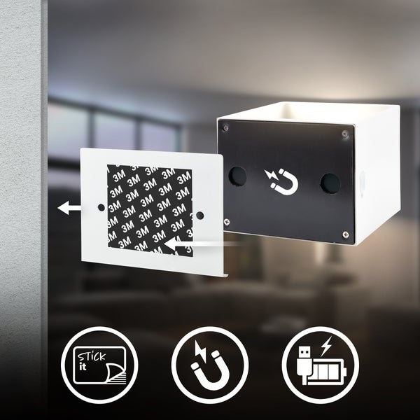 LED-Wandleuchte mit Magnethalterung und 3M-Klebeschild. Montageanleitung mit Symbolen für Kleben, Magnetismus und USB-Ladefunktion.