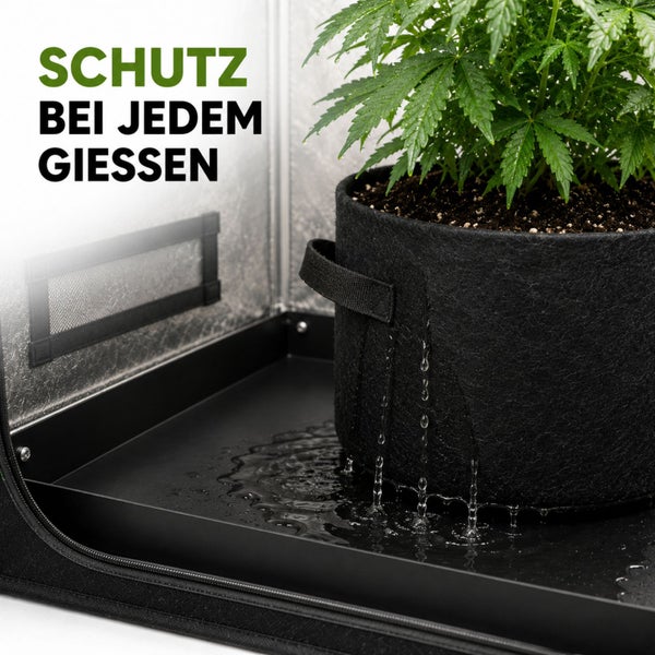 Pflanze im Stofftopf auf einer schwarzen Einlegeschale in einem Growzelt, die überschüssiges Wasser auffängt. Text: Schutz bei jedem Gießen.
