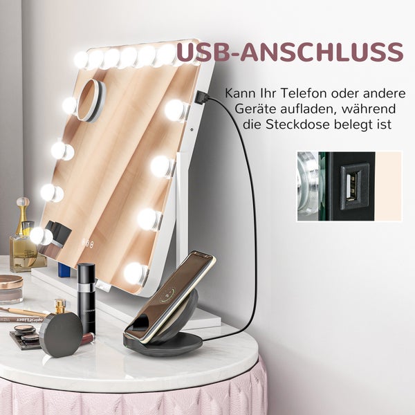 HOMCOM Hollywood Spiegel mit Beleuchtung 62,5x52 cm 360°Drehbar Schminkspiegel mit 15 LED Licht 3 Lichtfarben USB-Ladeanschluss Handyhalterung Touchschalter, Kosmetikspiegel 10X Vergrößerung Weiß