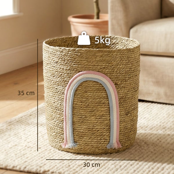 Geflochtener Aufbewahrungskorb mit Regenbogen-Motiv, 35 Zentimeter hoch und 30 Zentimeter breit, Tragkraft 5 Kilogramm.