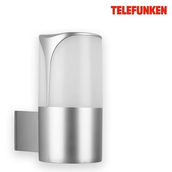 Telefunken LED-Außenwandleuchte, zylindrische Form, silberfarbenes Metallgehäuse mit weißem Diffusor. Telefunken Logo.