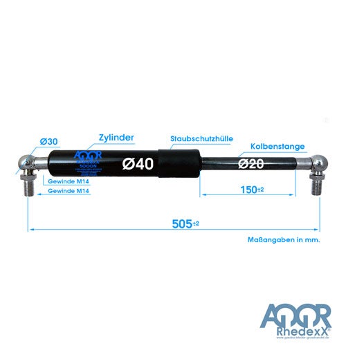 Gasdruckfeder: Länge 505 Millimeter, Hub 150 Millimeter, Zylinder 40 Millimeter, Kolbenstange 20 Millimeter, Gewinde M14.