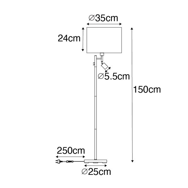 Technische Zeichnung einer Stehlampe mit den Maßen Höhe 150 cm, Schirmdurchmesser 35 cm, Schirmhöhe 24 cm, Spotdurchmesser 5,5 cm, Fußdurchmesser 25 cm und Kabellänge 250 cm.