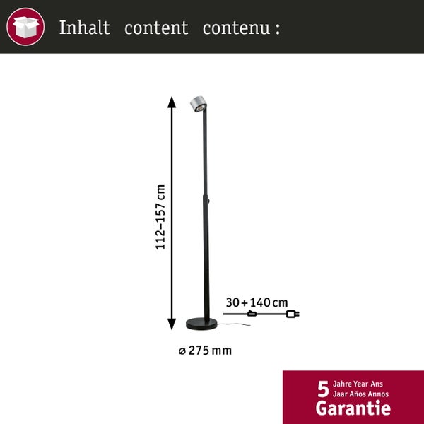 Stehleuchte, höhenverstellbar von 112 bis 157 Zentimeter, Fußdurchmesser 275 Millimeter, Kabellänge 30 plus 140 Zentimeter, 5 Jahre Garantie.