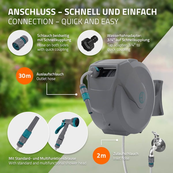 ECD Germany Schlauchaufroller 30m+2m, Schlauchtrommel, Wand-Schlauchbox RollUp mit Arretierstop und 9 Sprühfunktionen, 180° Schwenkbar, Automatischer Wasser Gartenschlauch-Aufroller zur Wandmontage