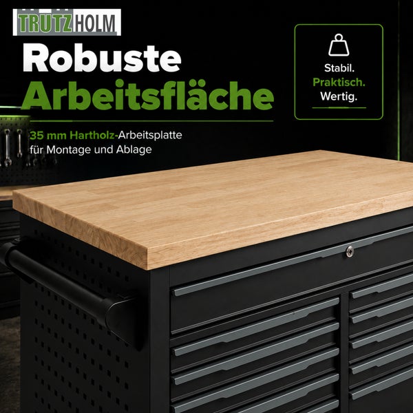 Trutzholm Logo. Robuste 35 Millimeter Hartholz-Arbeitsplatte auf einem stabilen Werkstattwagen für Montage und Ablage.