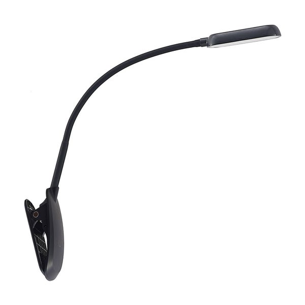 Schwarze LED-Klemmleuchte mit flexiblem Arm und flachem Lampenkopf.