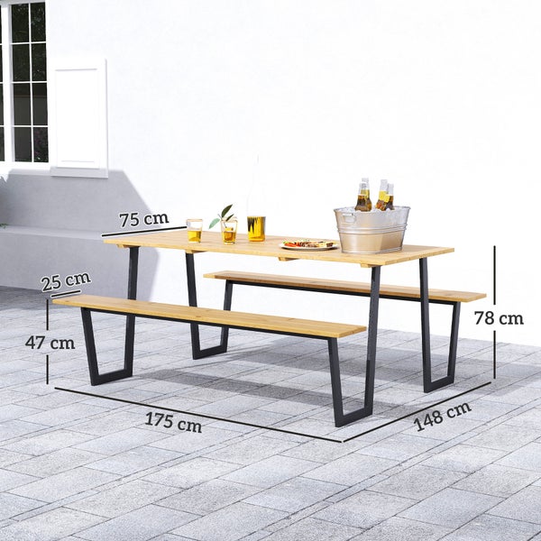 Outsunny Bierzeltgarnitur Holz 3-teilig Festzeltgarnitur mit Schirmloch Biertisch 2 x Bierbank Biertischgarnitur Sitzgarnitur Gartenmöbel Set für Balkon, Camping, Garten 175 x 148 x 78 cm Naturholz
