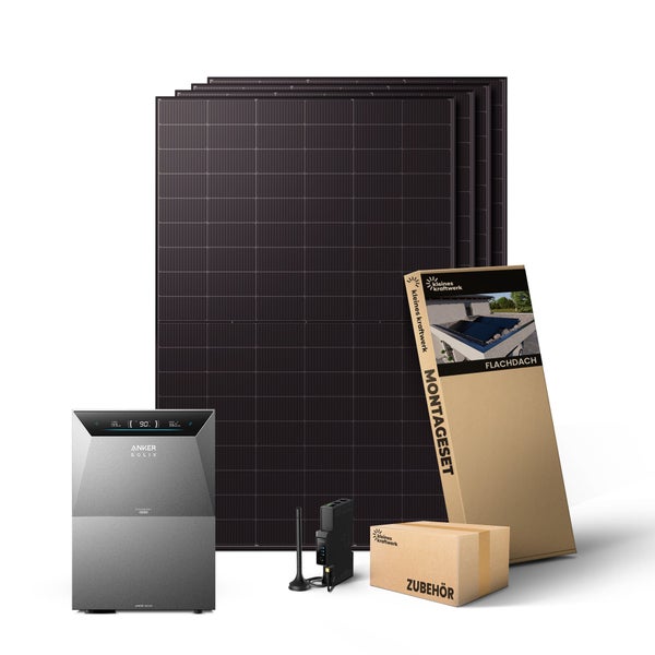 Balkonkraftwerk Set mit vier Solarmodulen, Anker SOLIX Solarspeicher, Wechselrichter, Montageset für Flachdach und Zubehör.