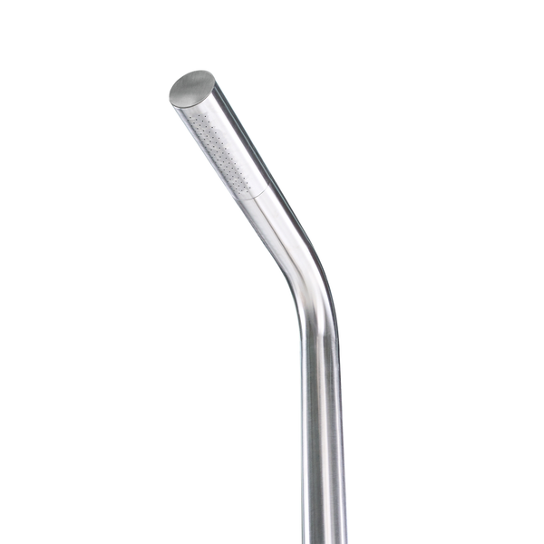 Moderne, zylindrische Handbrause aus gebürstetem Edelstahl.
