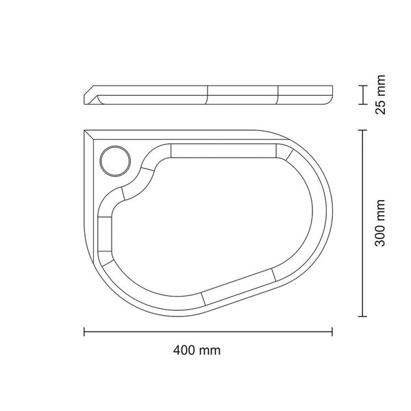 Technische Zeichnung eines Waschtisches mit Maßen: 400 mm breit, 300 mm tief, 25 mm hoch