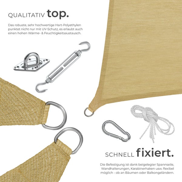 Detailansicht eines Sonnensegels mit Befestigungsmaterial wie Karabiner, Spannseil und Wandhalterungen.